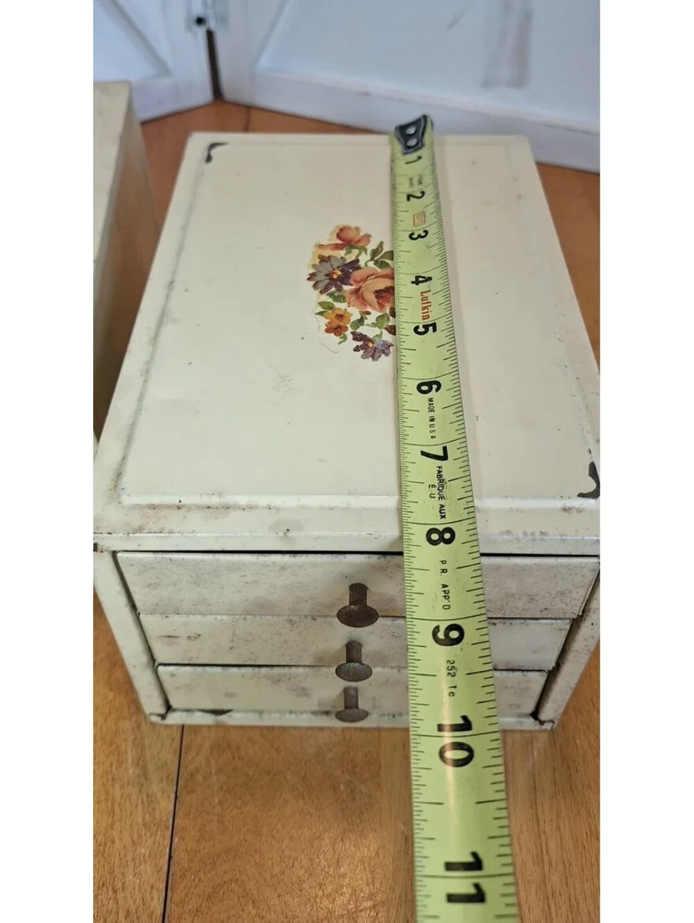 2 VTG Metal 3 Drawer Jewelry/Craft Storage Caddies w/Floral Motif S Brass Knobs.